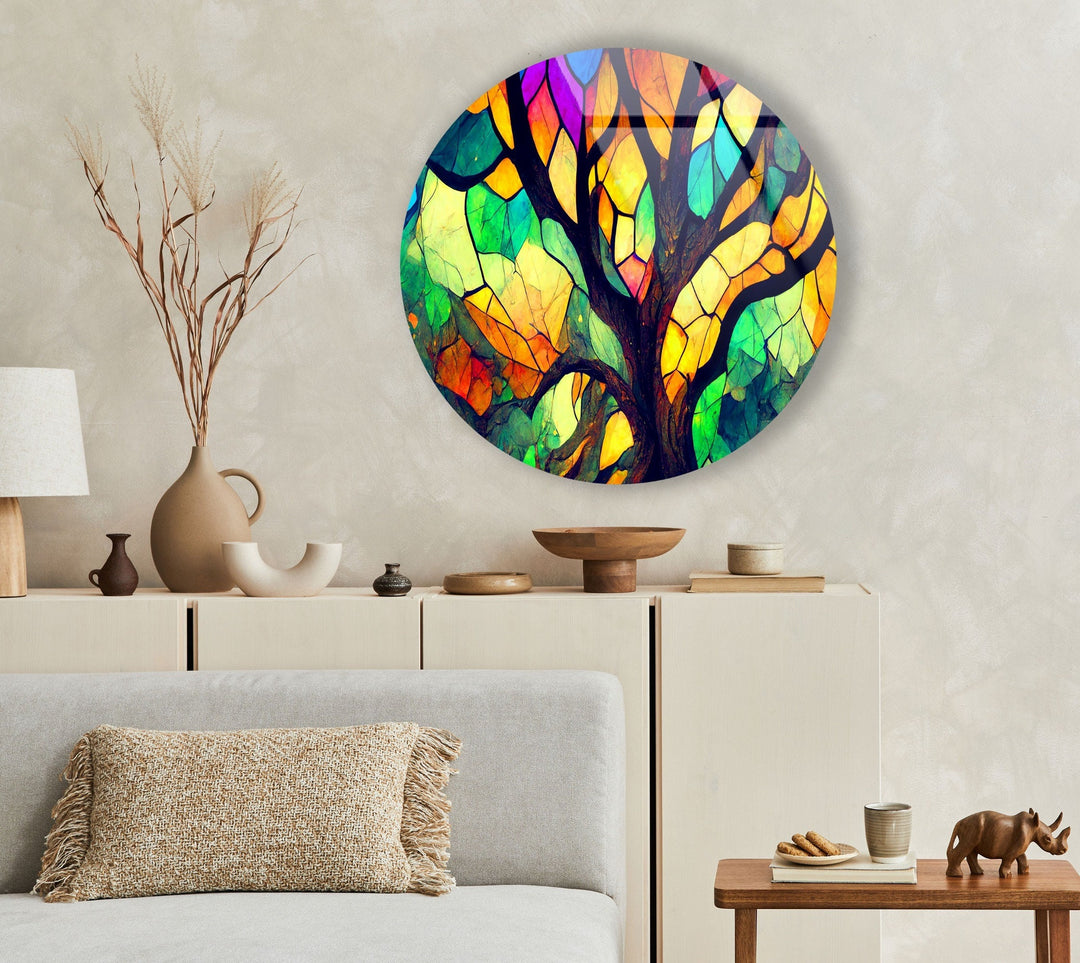 Stained Round Brown & Yellow Glass Wall Art glass pictures for Wall, glass prints wall art
