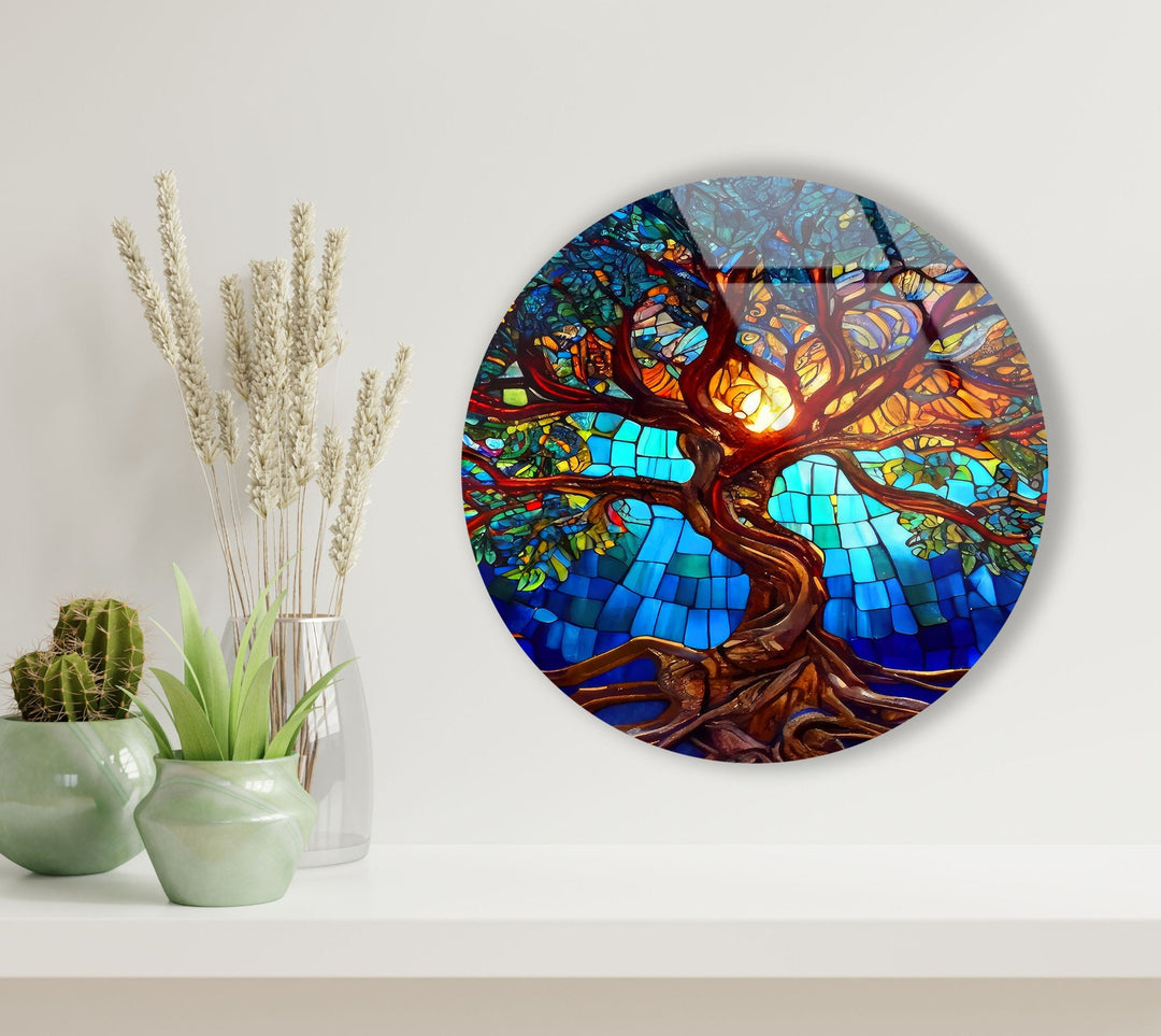 Stained Tree of Life Round Glass Wall Art glass art painting, glass art for the Wall