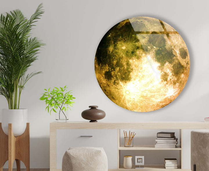 Moon Patterned Golden Abstract Round Glass Wall Art custom glass pictures, glass art prints
