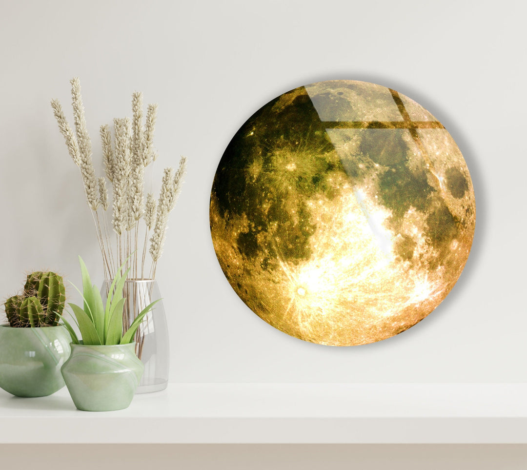 Moon Patterned Golden Abstract Round Glass Wall Art glass pictures for Wall, glass prints wall art
