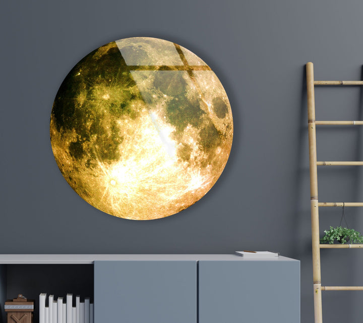 Moon Patterned Golden Abstract Round Glass Wall Art glass image printing, glass prints from photos
