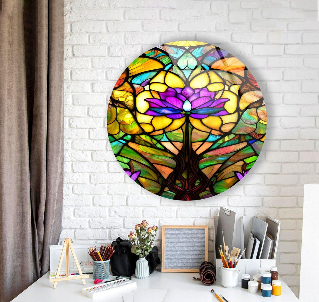 Stained Round Purple Lotus Glass Wall Art stained glass wall art, stained glass wall decor
