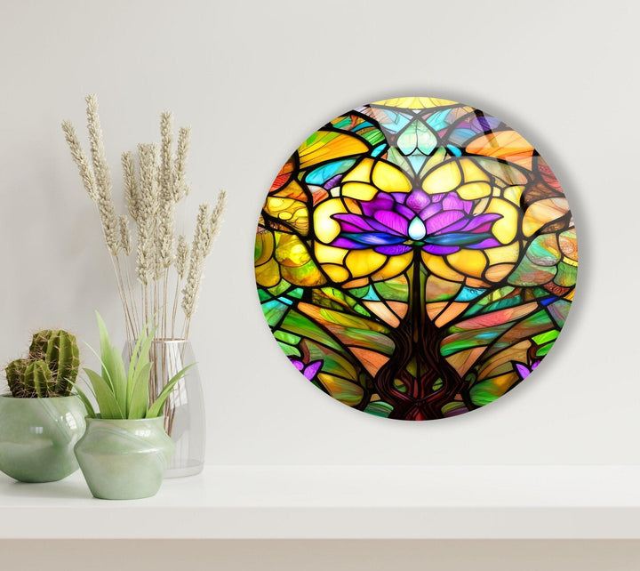 Stained Round Purple Lotus Glass Wall Art art glass wall art, glass wall art pictures
