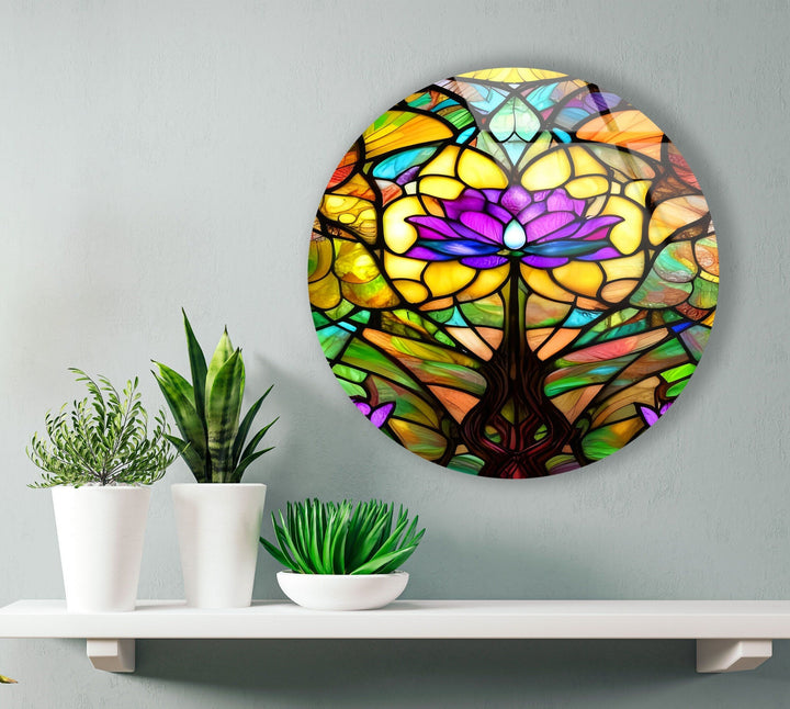 Stained Round Purple Lotus Glass Wall Art glass image printing, glass prints from photos
