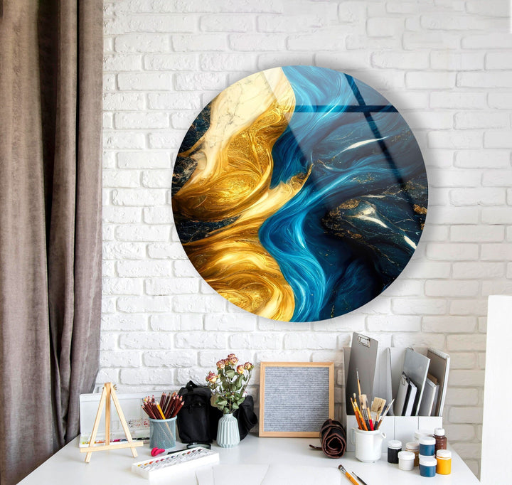 Marble Round Yellow & Blue Glass Wall Art glass art painting, glass art for the Wall
