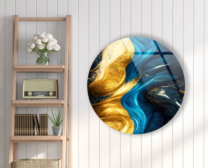 Marble Round Yellow & Blue Glass Wall Art Glass Printing Wall Art, Print photos on glass
