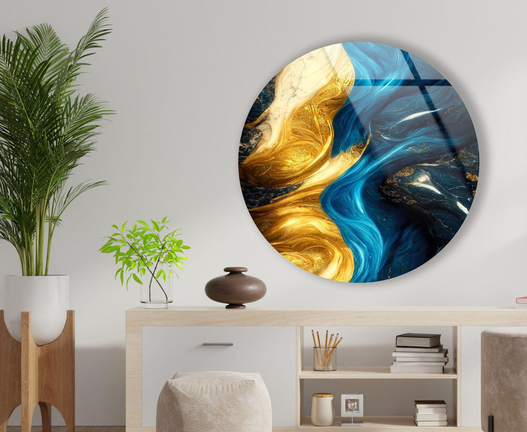 Marble Round Yellow & Blue Glass Wall Art glass image printing, glass prints from photos
