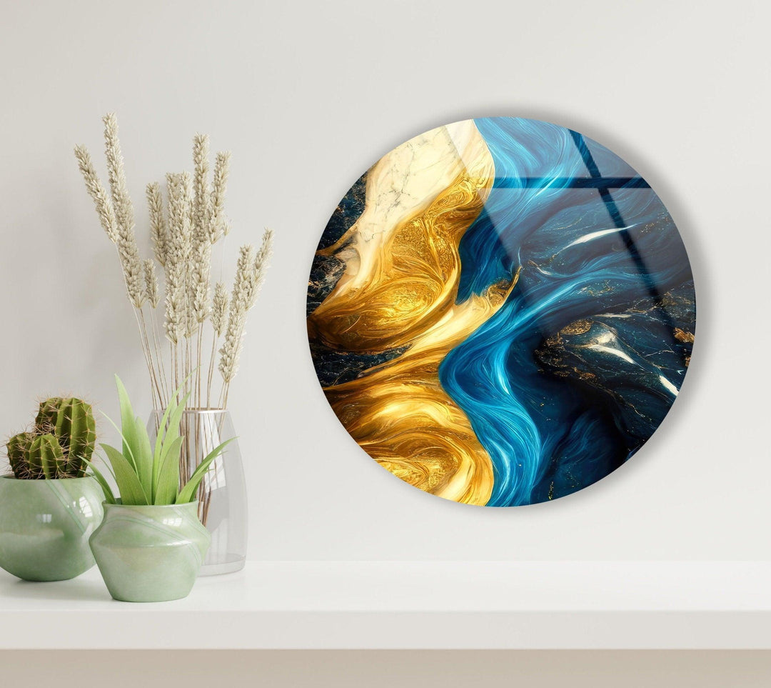 Marble Round Yellow & Blue Glass Wall Art glass pictures for Wall, glass prints wall art
