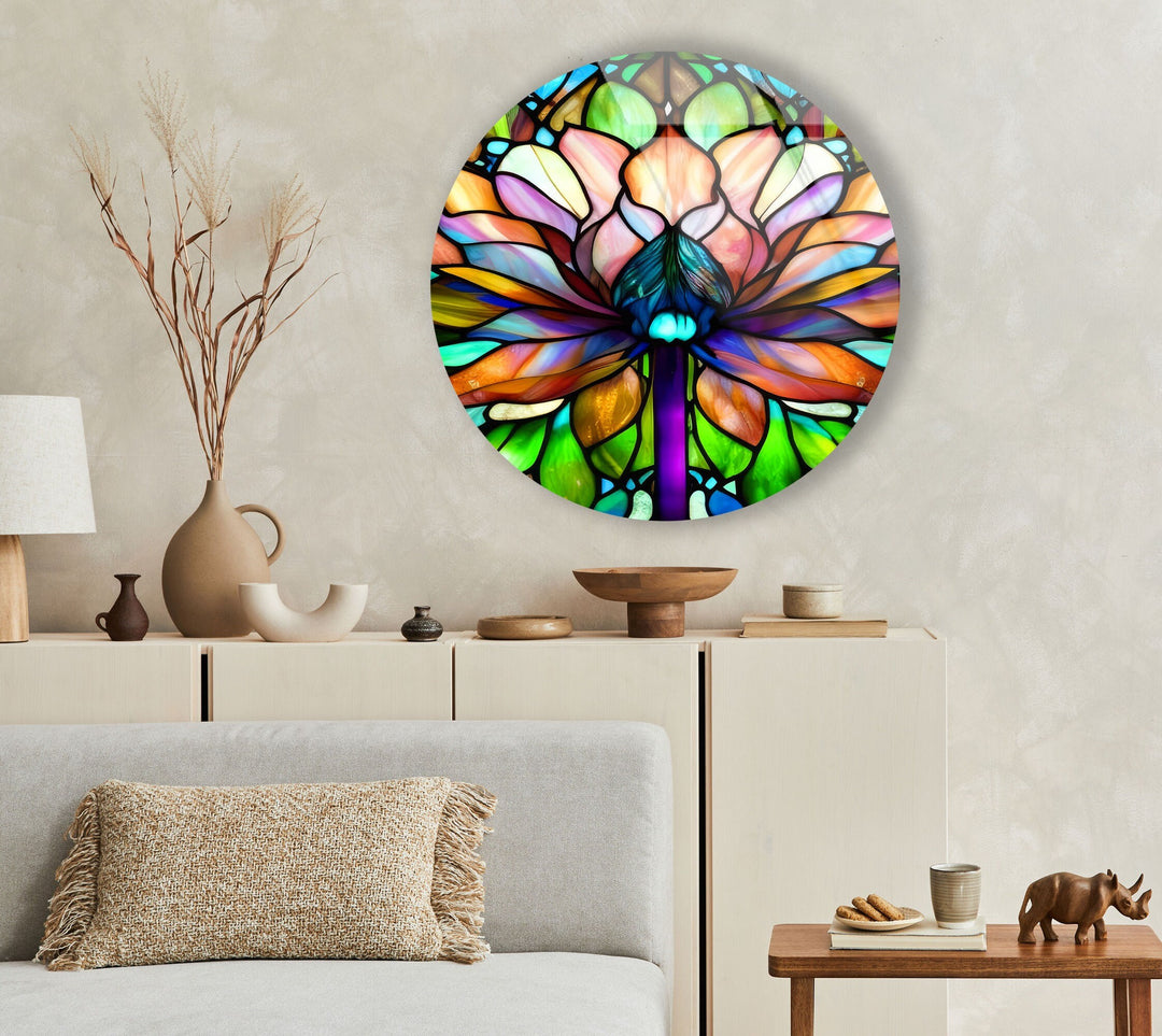 Stained Round Lotus Glass Wall Art custom glass pictures, glass art prints
