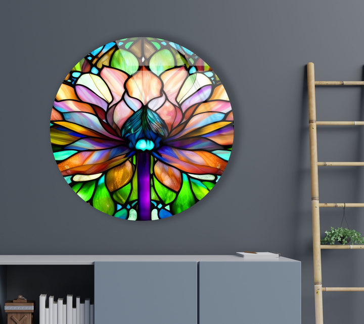 Stained Round Lotus Glass Wall Art large glass photo prints, glass wall photos
