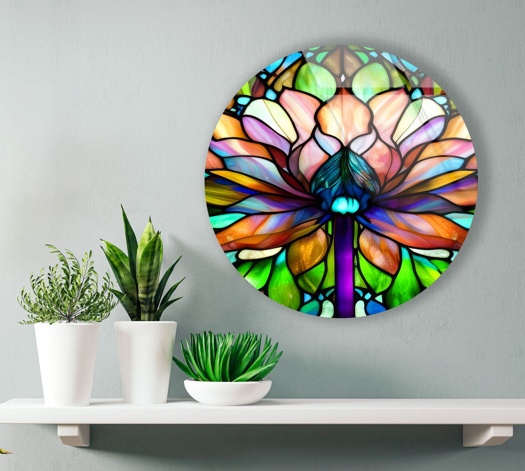 Stained Round Lotus Glass Wall Art custom glass photo prints, large glass prints
