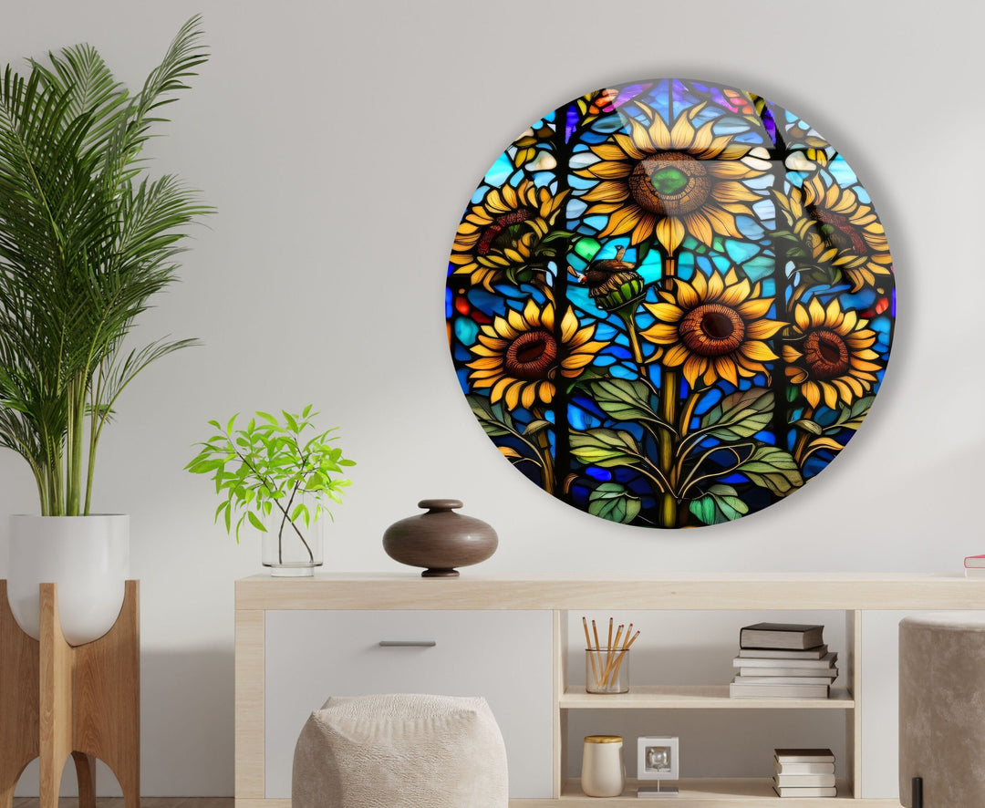 Sun Flowers Stained Round Glass Wall Art glass wall decor, glass wall art decor
