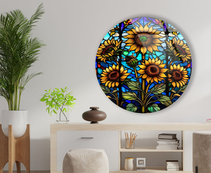 Sun Flowers Stained Round Glass Wall Art glass wall decor, glass wall art decor
