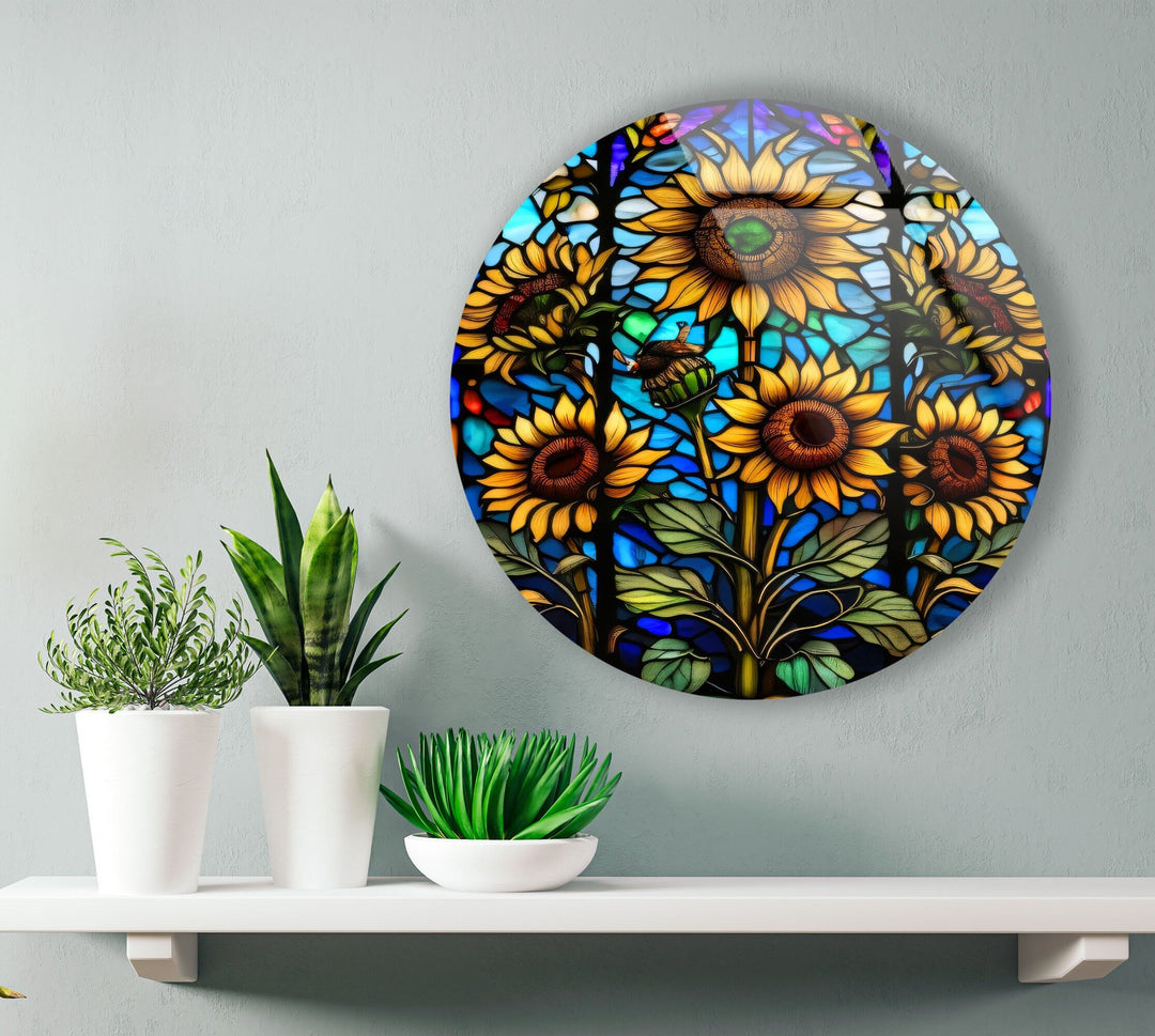 Sun Flowers Stained Round Glass Wall Art glass art painting, glass art for the Wall
