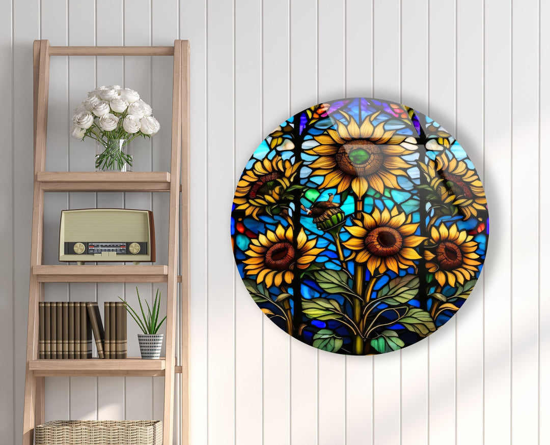 Sun Flowers Stained Round Glass Wall Art glass photo prints, glass picture prints
