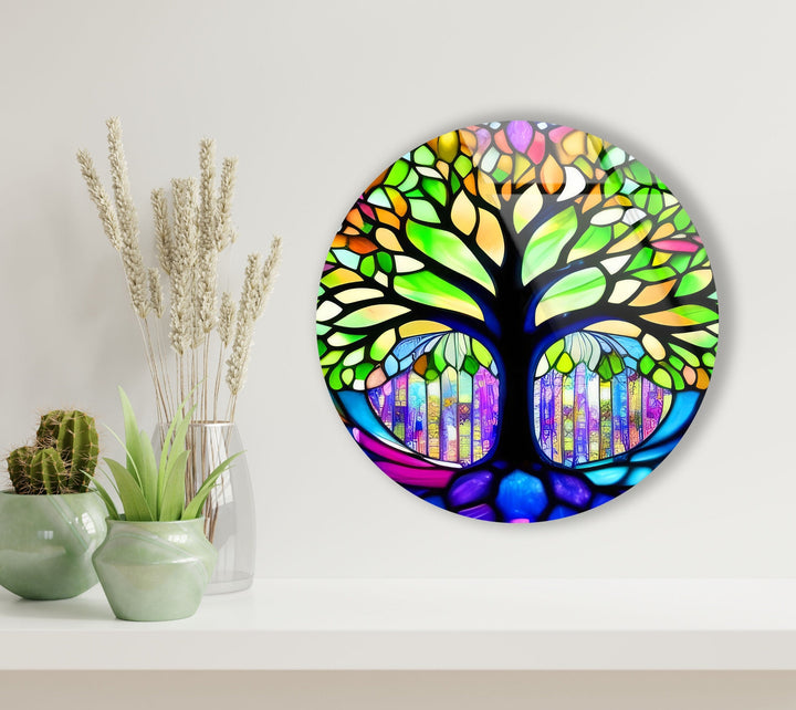 Stained Green Life of Tree Round Glass Wall Art custom glass pictures, glass art prints
