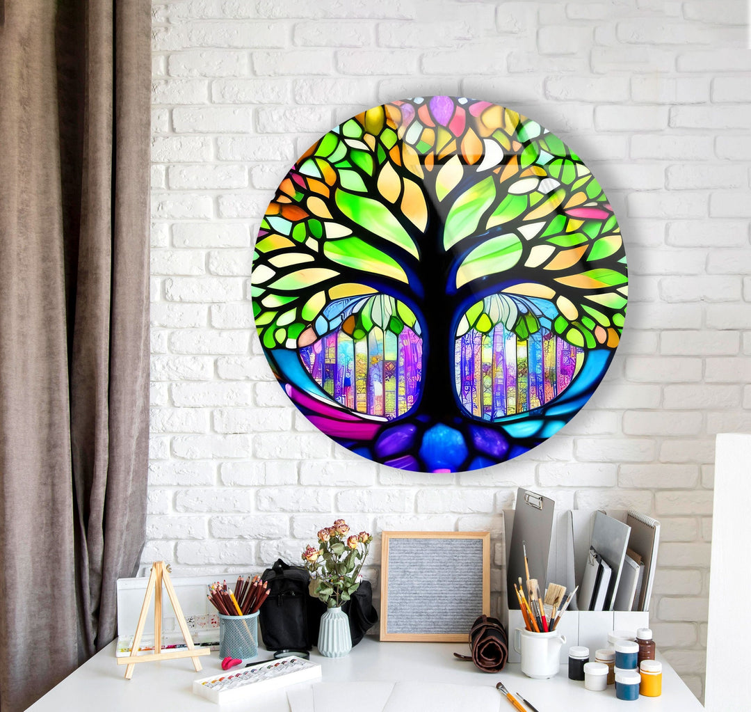 Stained Green Life of Tree Round Glass Wall Art glass image printing, glass prints from photos
