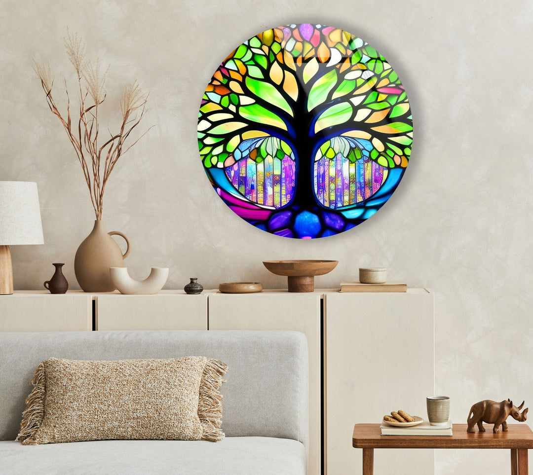 Stained Green Life of Tree Round Glass Wall Art large glass photo prints, glass wall photos
