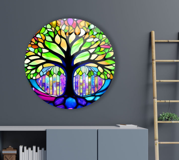 Stained Green Life of Tree Round Glass Wall Art picture on glass wall art, photos printed on glass
