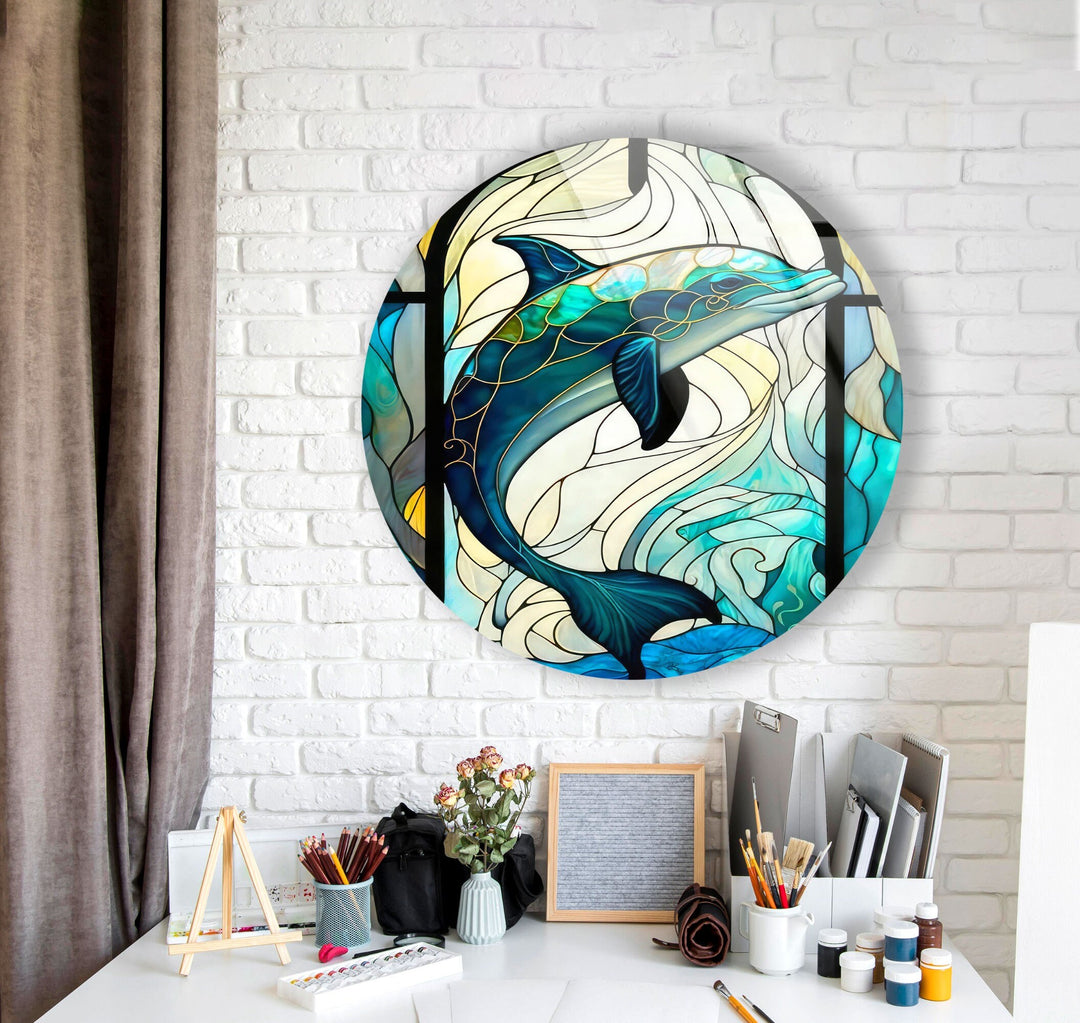 Stained Dolphin Round Glass Wall Art large glass photo prints, glass wall photos