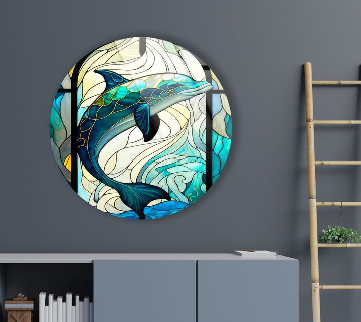 Stained Dolphin Round Glass Wall Art photo print on glass, prints on glass wall art