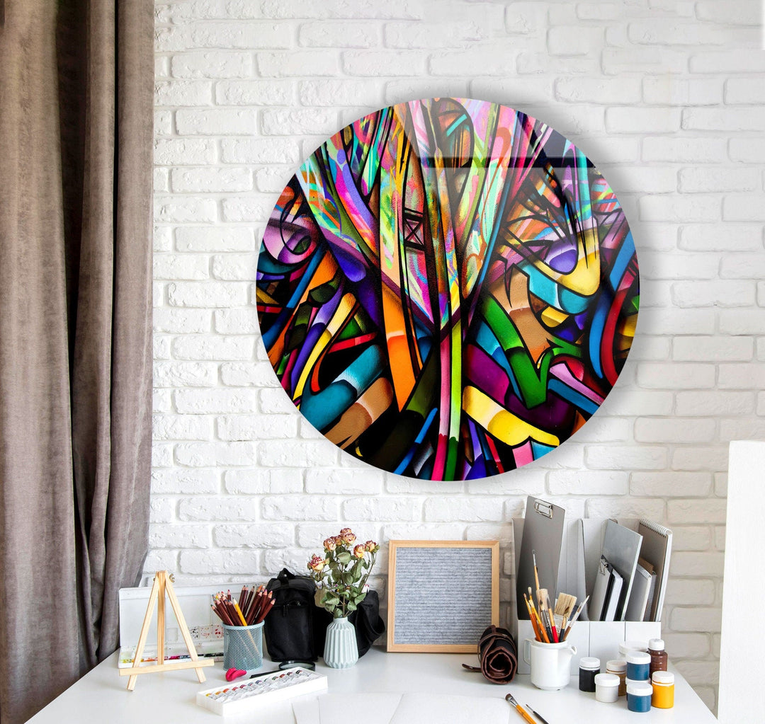 Stained Geometric Lines Round Glass Wall Art art glass wall art, glass wall art pictures
