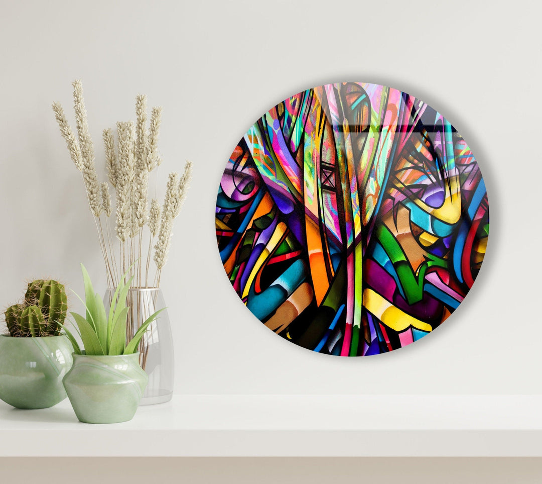 Stained Geometric Lines Round Glass Wall Art glass photo prints, glass picture prints
