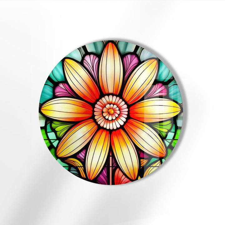 Orange Stained Flower Round Glass Wall Art stained glass wall art, stained glass wall decor
