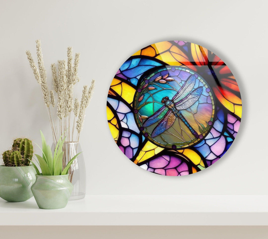 Stained Dragonfly Round Glass Wall Art  glass photo prints, glass picture prints
