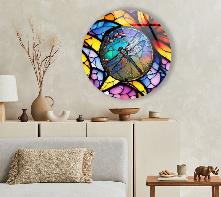 Stained Dragonfly Round Glass Wall Art glass image printing, glass prints from photos
