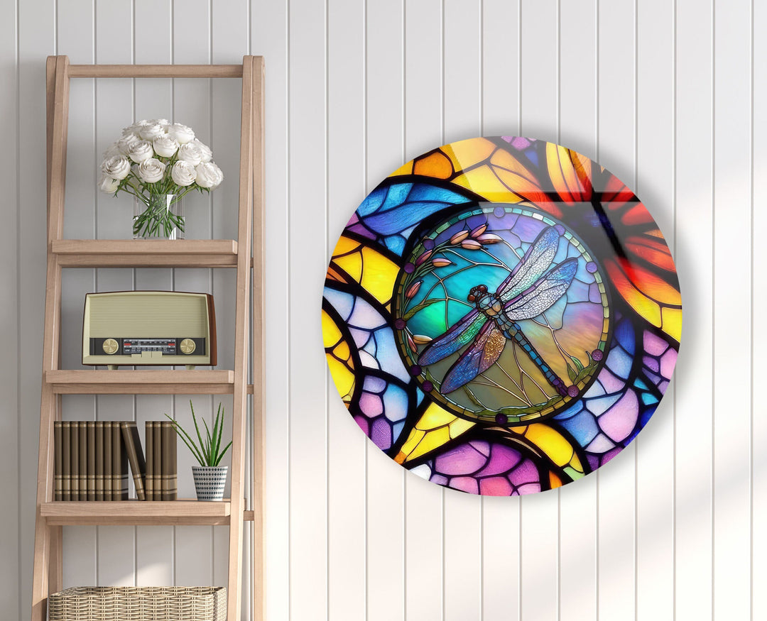 Stained Dragonfly Round Glass Wall Art custom glass pictures, glass art prints
