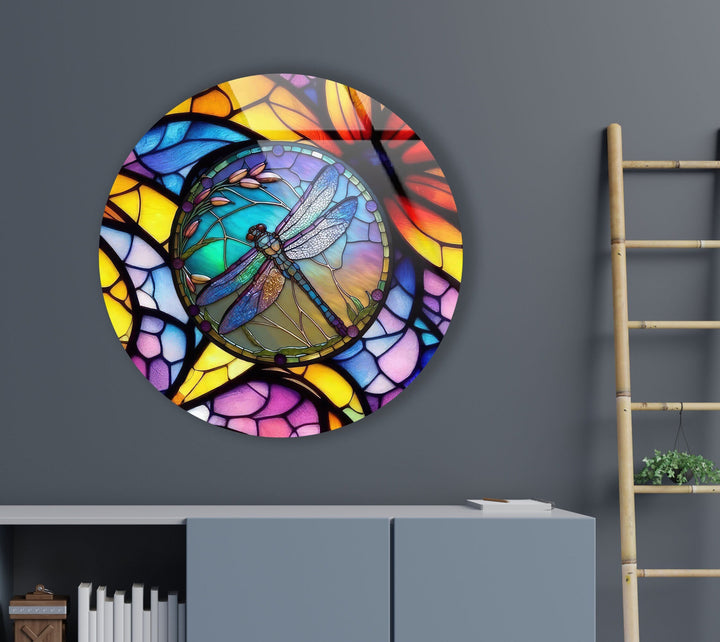 Stained Dragonfly Round Glass Wall Art large glass photo prints, glass wall photos
