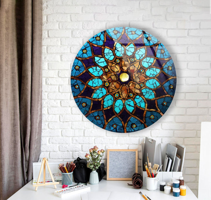 Blue Mosaic Design Round Glass Wall Art glass photo prints, glass picture prints
