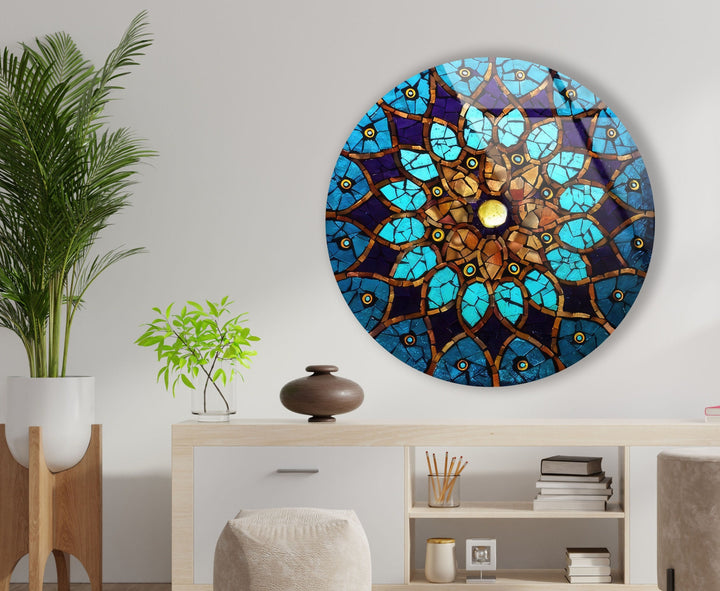 Blue Mosaic Design Round Glass Wall Art glass image printing, glass prints from photos
