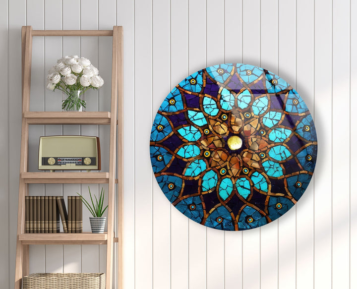 Blue Mosaic Design Round Glass Wall Art custom glass pictures, glass art prints
