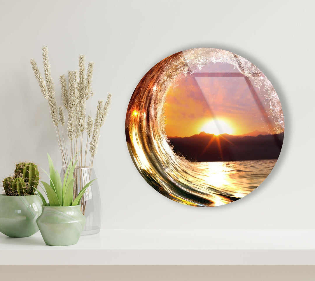 Sunset & Waves Round Glass Wall Art glass photo prints, glass picture prints
