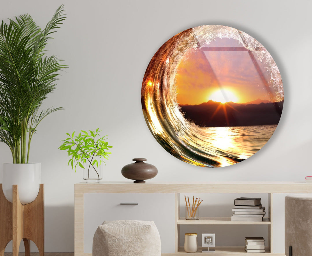 Sunset & Waves Round Glass Wall Art glass pictures for Wall, glass prints wall art
