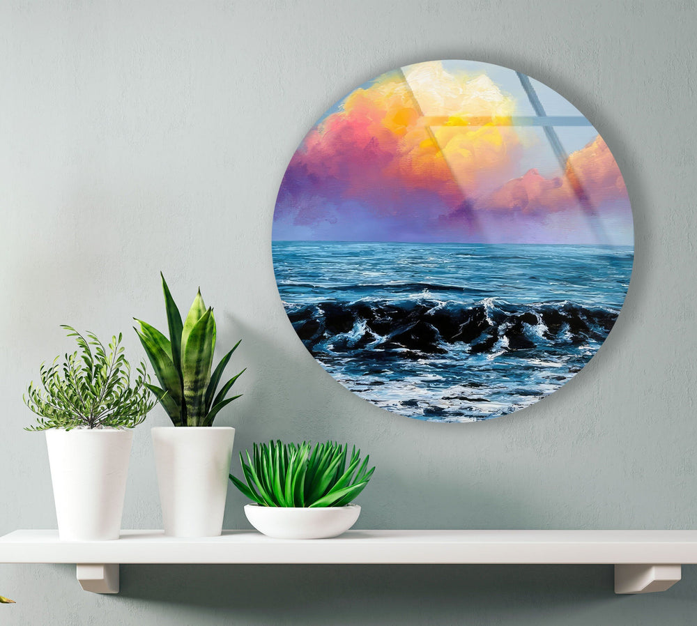 Sunset View & Waves Round Glass Wall Art stained glass wall art, stained glass wall decor
