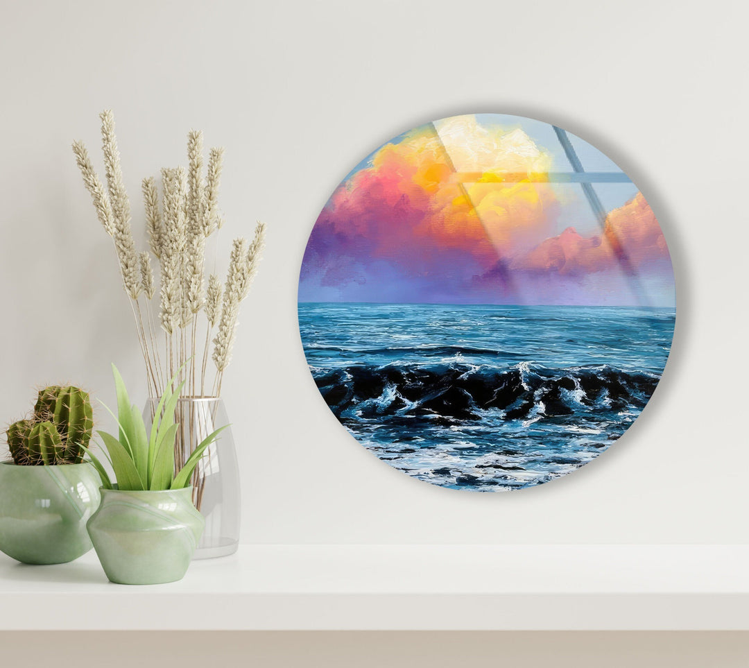 Sunset View & Waves Round Glass Wall Art Glass Printing Wall Art, Print photos on glass
