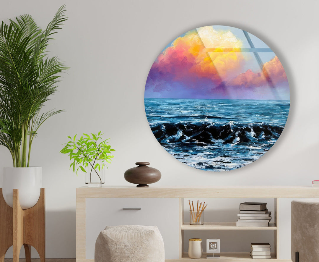 Sunset View & Waves Round Glass Wall Art glass image printing, glass prints from photos
