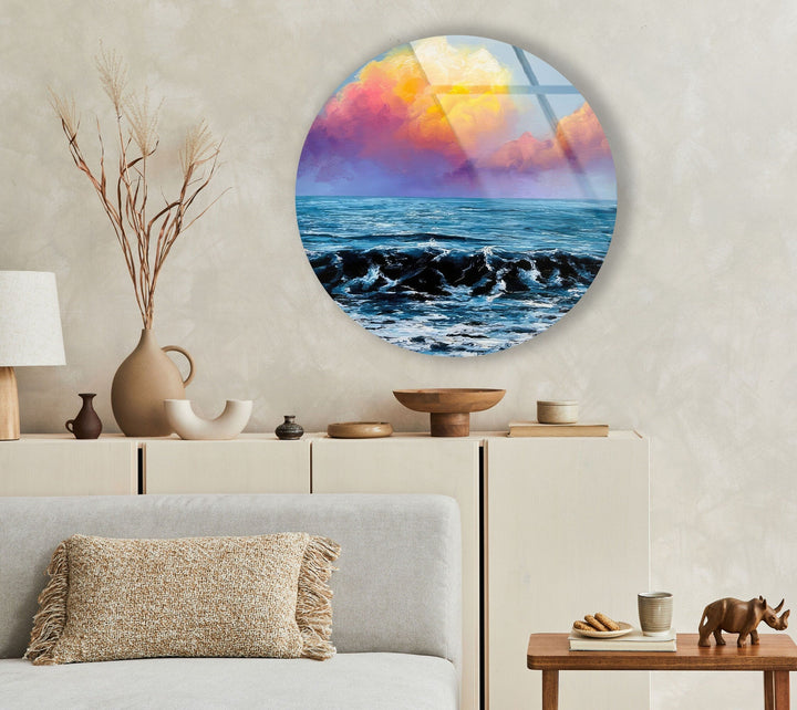 Sunset View & Waves Round Glass Wall Art glass pictures for Wall, glass prints wall art
