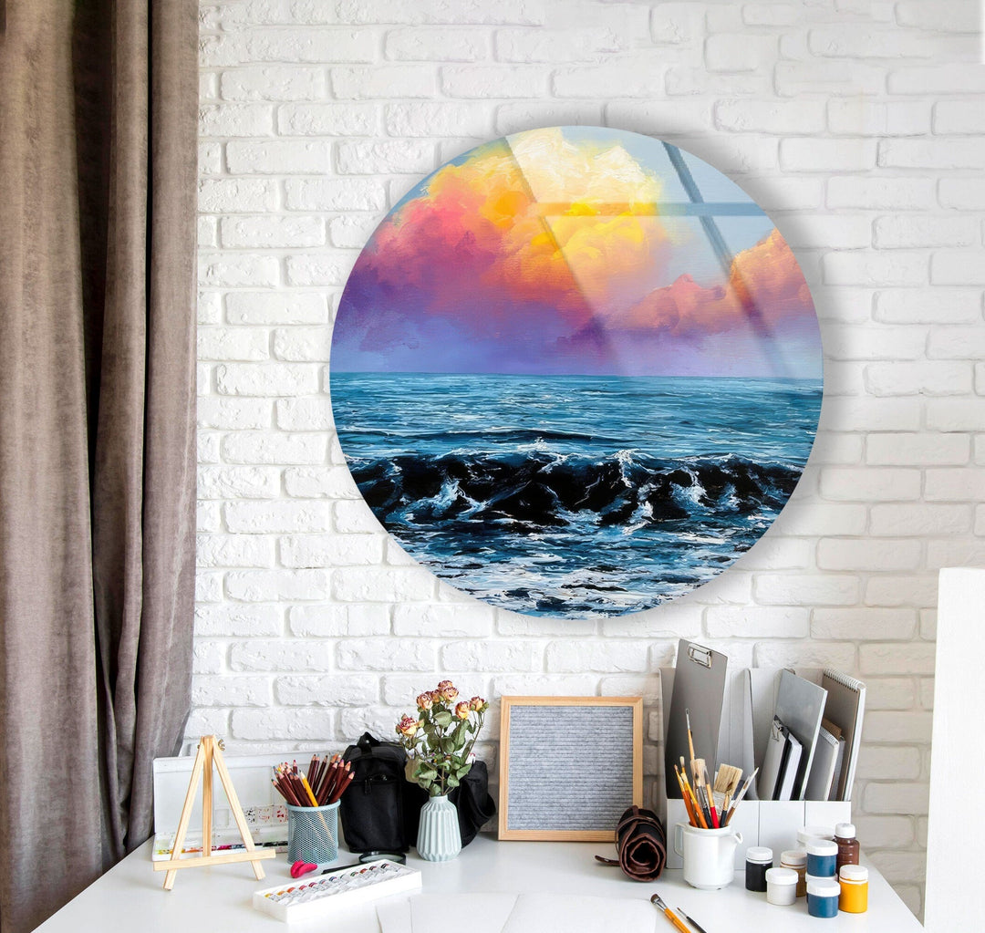 Sunset View & Waves Round Glass Wall Art photo print on glass, prints on glass wall art
