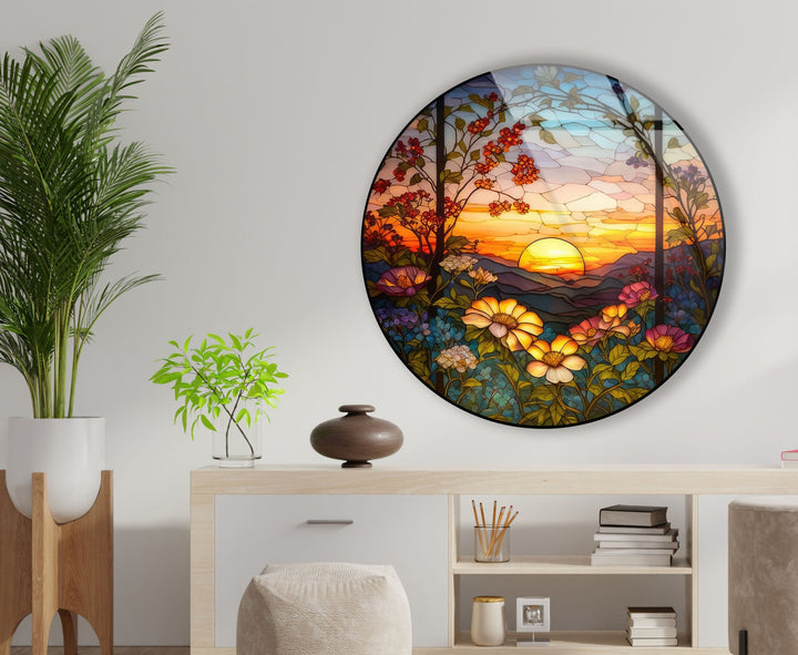 Natural Motifs Stained Round Glass Wall Art  Glass Printing Wall Art, Print photos on glass