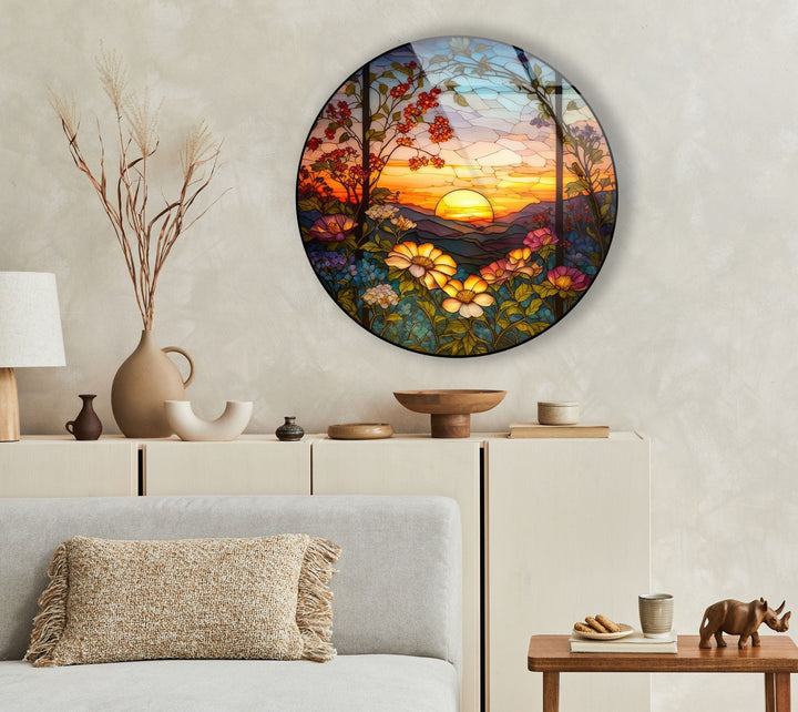 Natural Motifs Stained Round Glass Wall Art  Glass Printing Wall Art, Print photos on glass