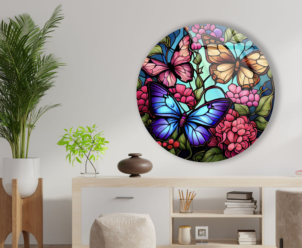 Stained Colored Butterflies Round Glass Wall Art Glass Printing Wall Art, Print photos on glass
