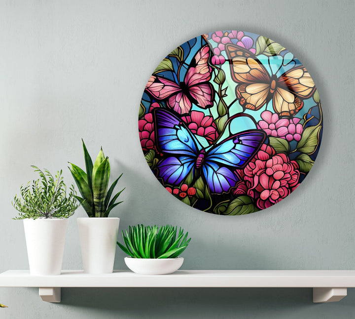 Stained Colored Butterflies Round Glass Wall Art glass image printing, glass prints from photos
