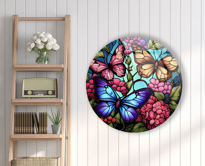 Stained Colored Butterflies Round Glass Wall Art glass pictures for Wall, glass prints wall art
