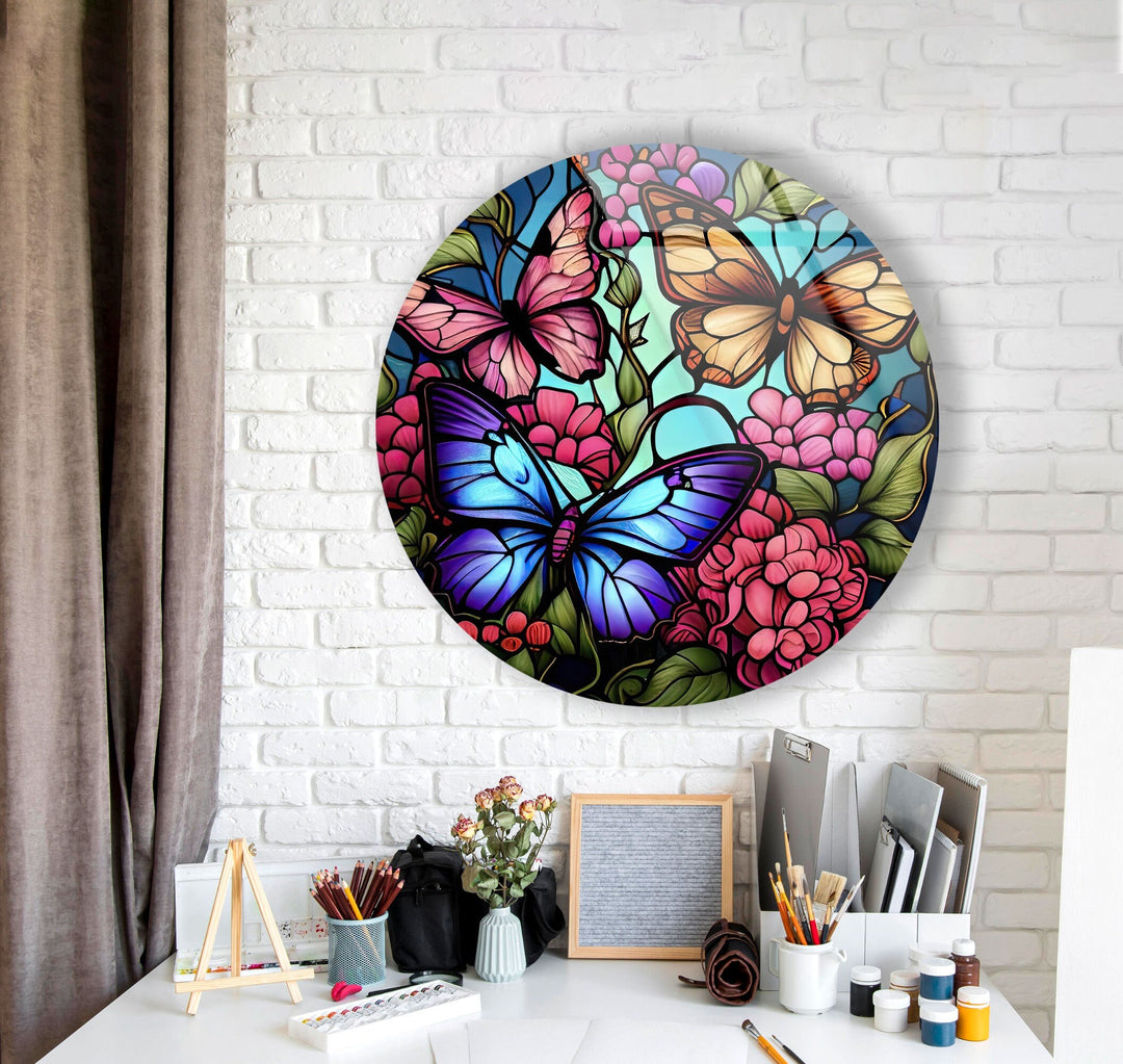 Stained Colored Butterflies Round Glass Wall Art custom glass pictures, glass art prints
