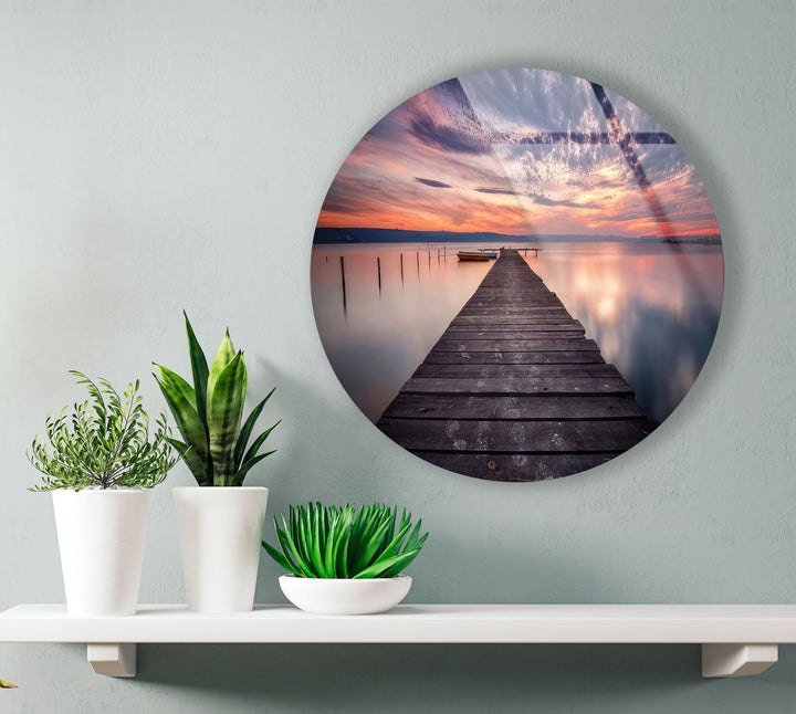 Purple Sunset Lake View Round Glass Wall Art art glass wall art, glass wall art pictures
