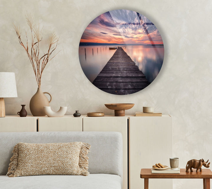 Purple Sunset Lake View Round Glass Wall Art Glass Printing Wall Art, Print photos on glass
